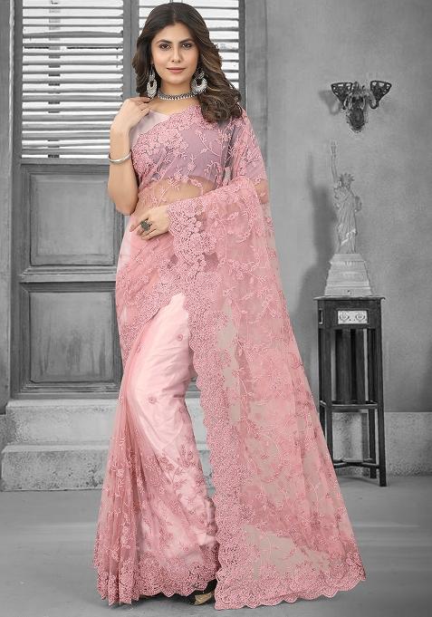 Dusty Pink Embroidery Net Saree Set