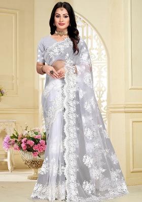 White Embroidery Net Saree Set