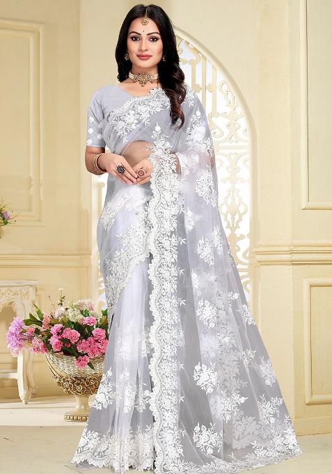 White Embroidery Net Saree Set