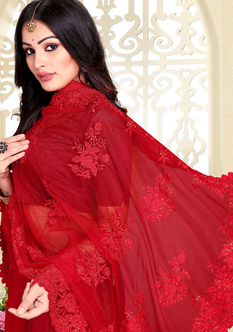 Red Embroidery Net Saree Set - Indya