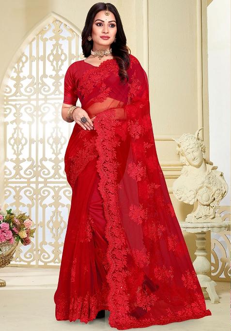 Red Embroidery Net Saree Set
