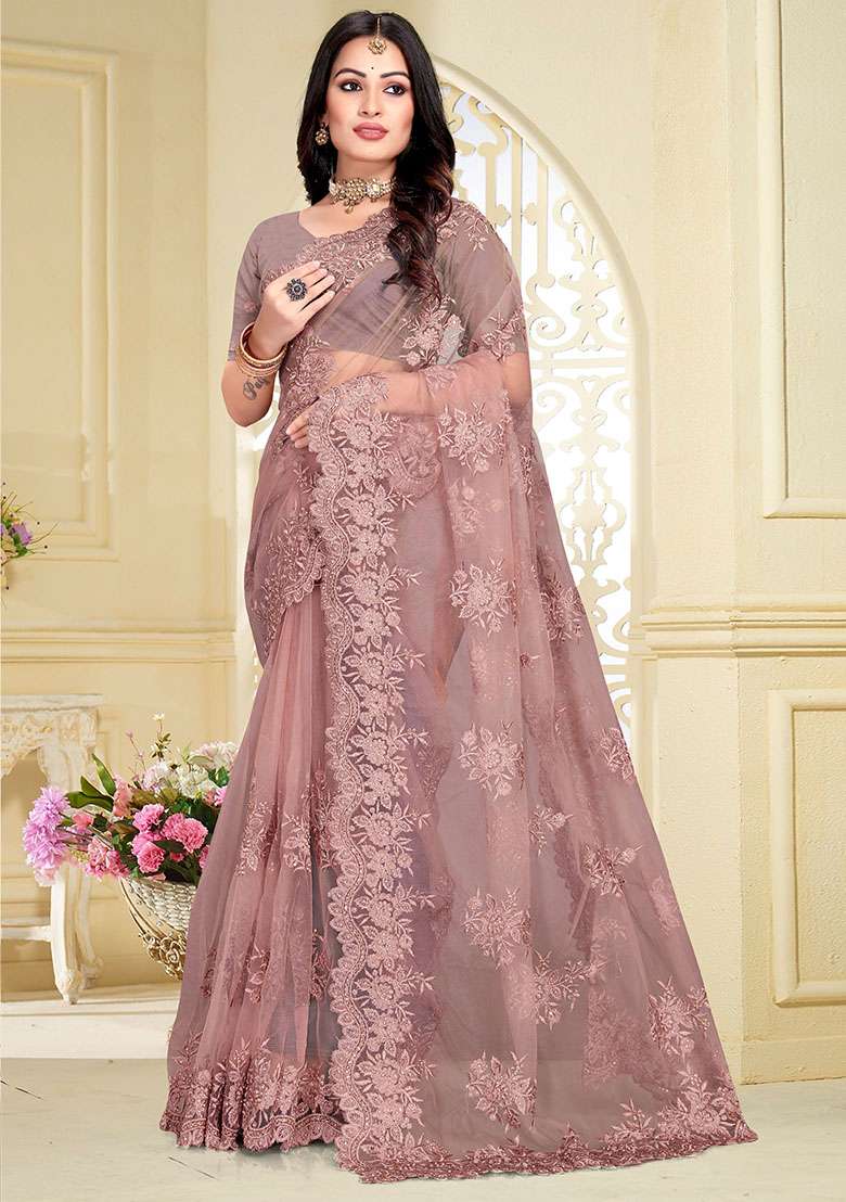 Mouse Net Saree Set with Embroidery for Diwali | Wedding & Festive Wear - Indya