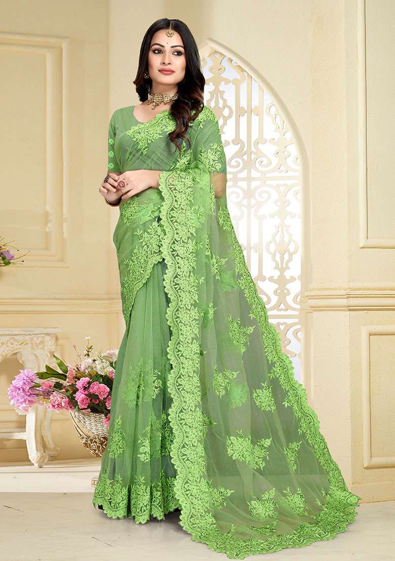 Pista Net Saree Set with Embroidery for Diwali | Wedding & Festive Wear - Indya