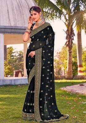Black Embroidery Georgette Saree Set