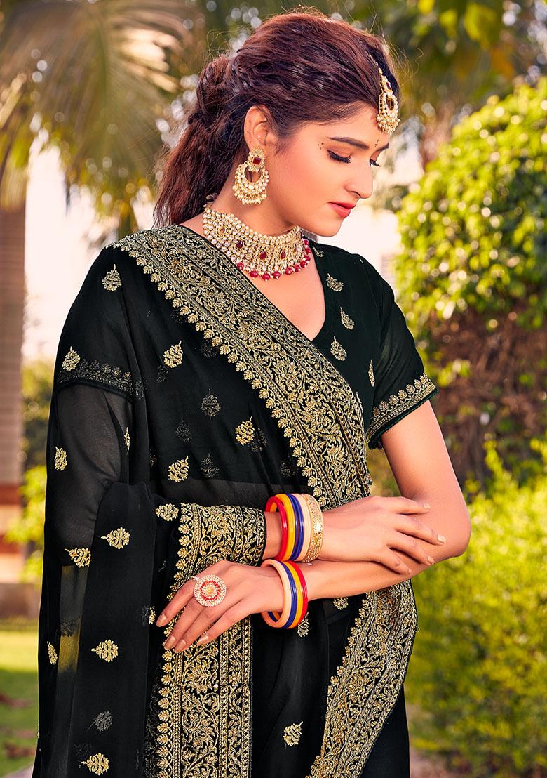 Black Embroidery Georgette Saree Set - Indya
