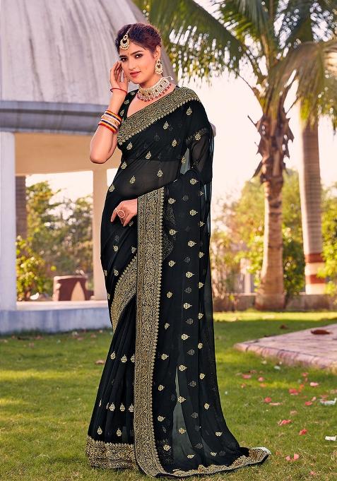 Black Embroidery Georgette Saree Set