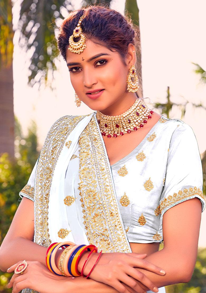 White Embroidery Georgette Saree Set - Indya