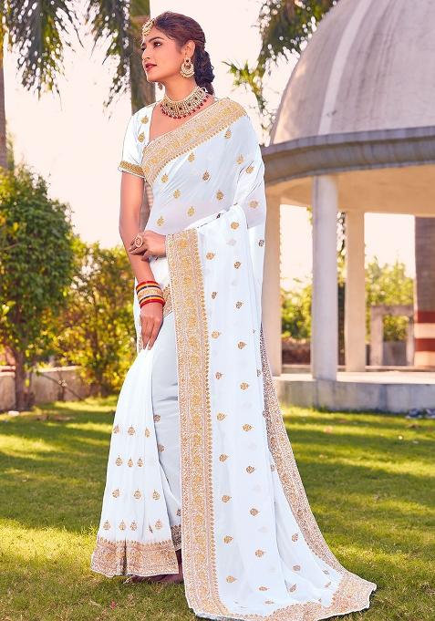 White Embroidery Georgette Saree Set