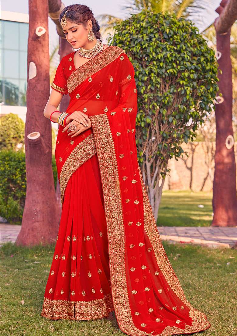 Red Georgette Saree Set with Embroidery for Diwali | Wedding & Festive Wear - Indya