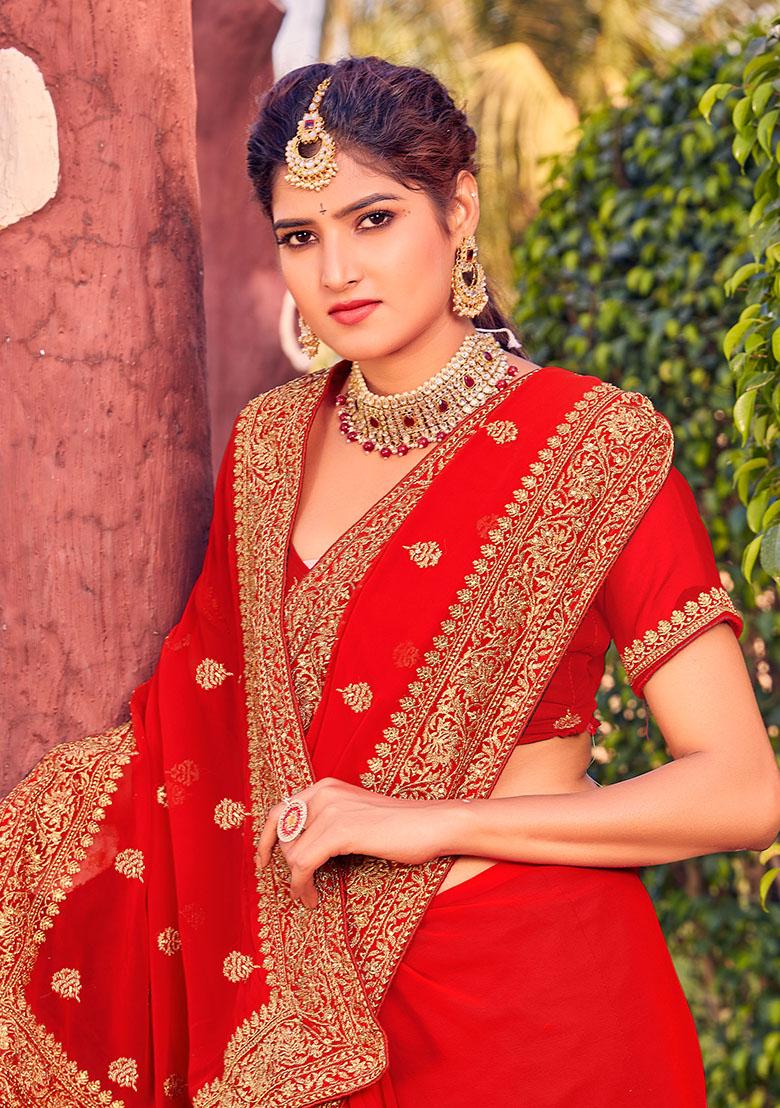 Red Embroidery Georgette Saree Set - Indya
