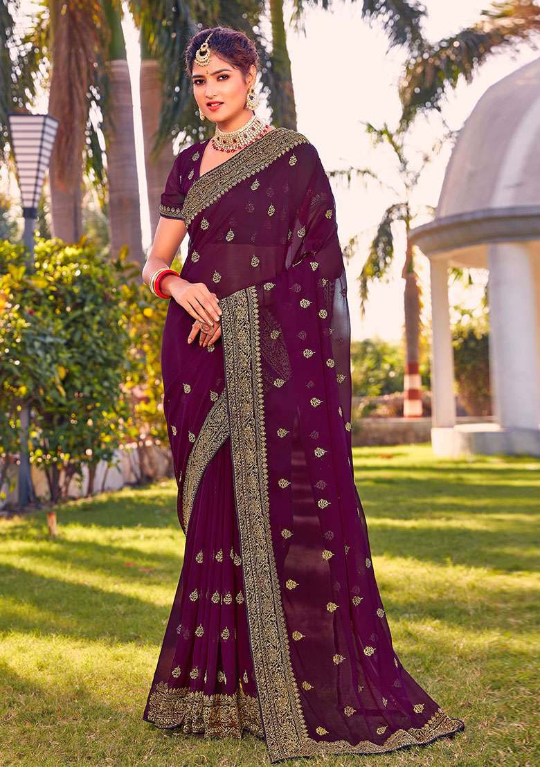 Wine Georgette Saree Set with Embroidery for Diwali | Wedding & Festive Wear - Indya