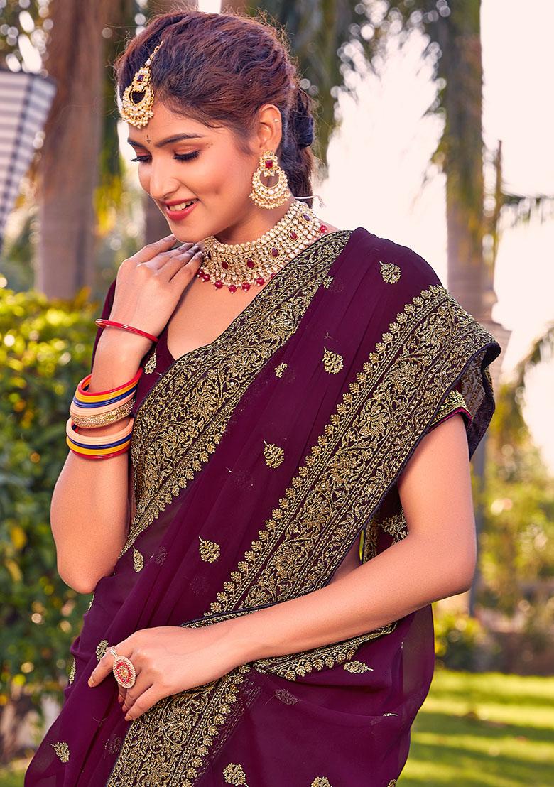 Wine Embroidery Georgette Saree Set - Indya