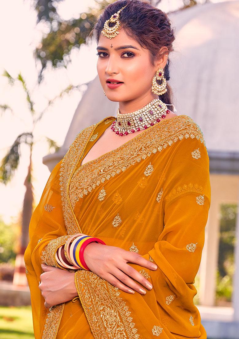 Mustrad Embroidery Georgette Saree Set - Indya