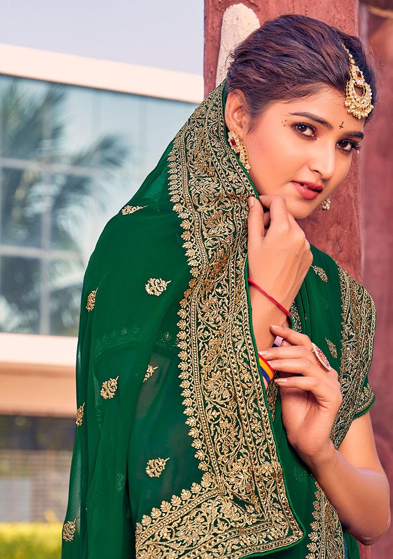 Botel Green Embroidery Georgette Saree Set - Indya