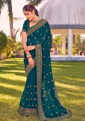 Morpeach Embroidery Georgette Saree Set