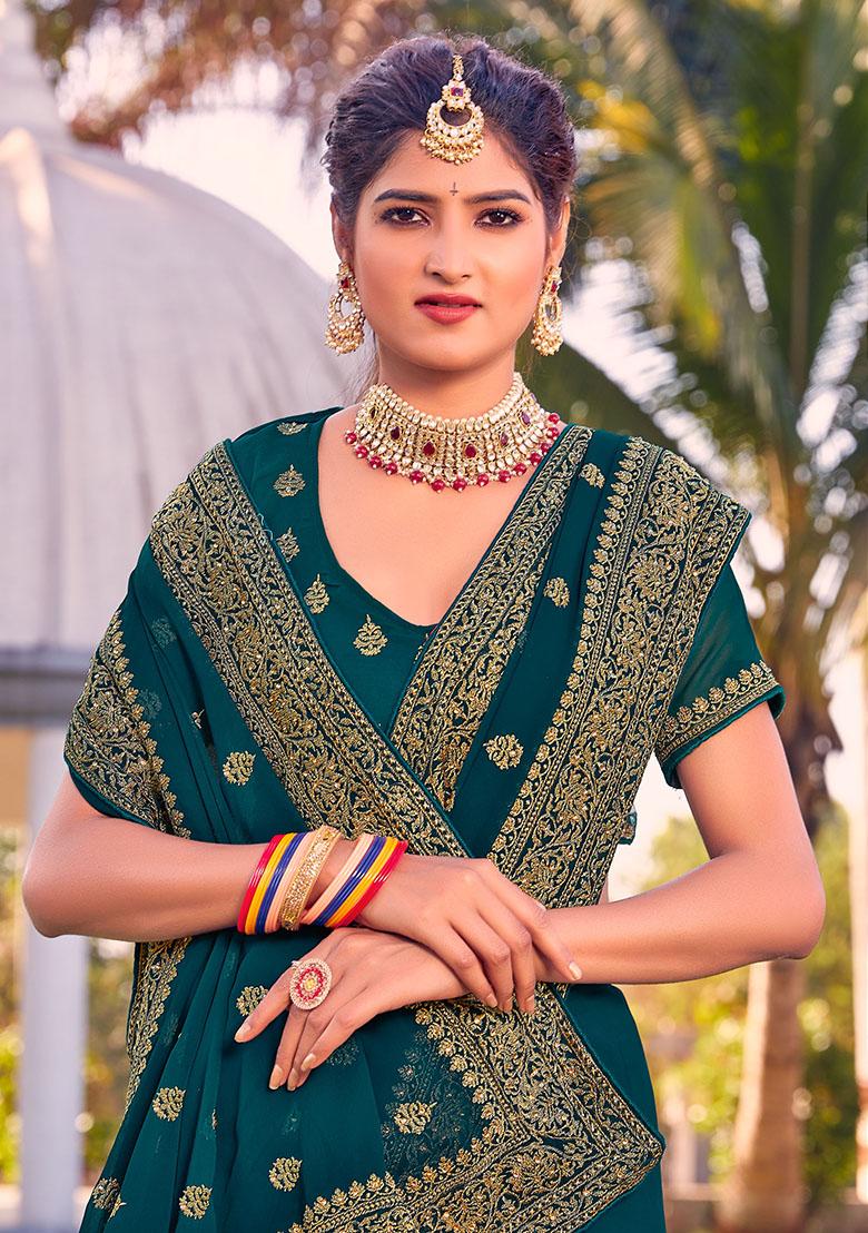 Morpeach Embroidery Georgette Saree Set - Indya