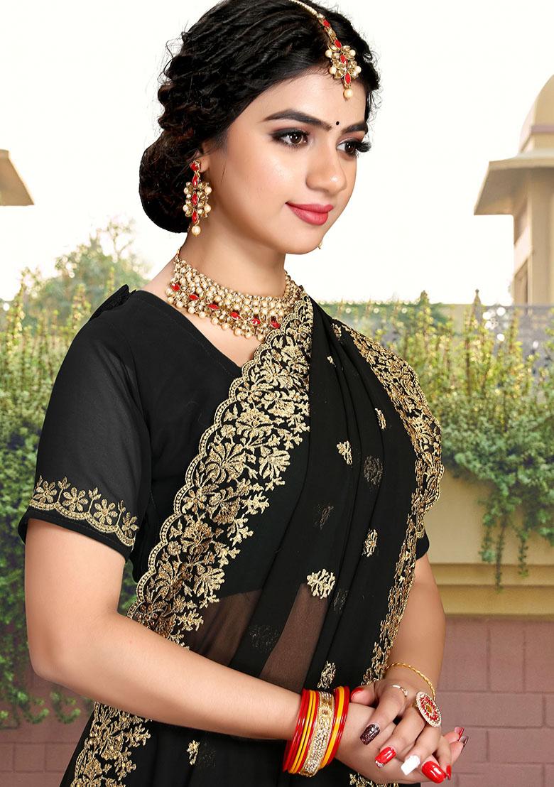 Black Embroidery Georgette Saree Set - Indya