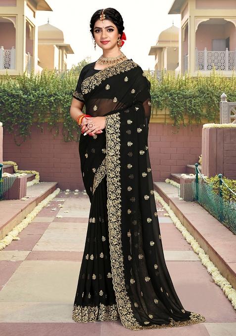 Black Embroidery Georgette Saree Set