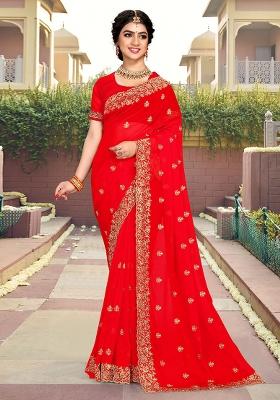 Red Embroidery Georgette Saree Set