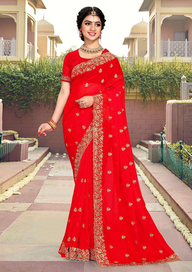 Red Georgette Saree Set with Embroidery for Diwali | Wedding & Festive Wear - Indya
