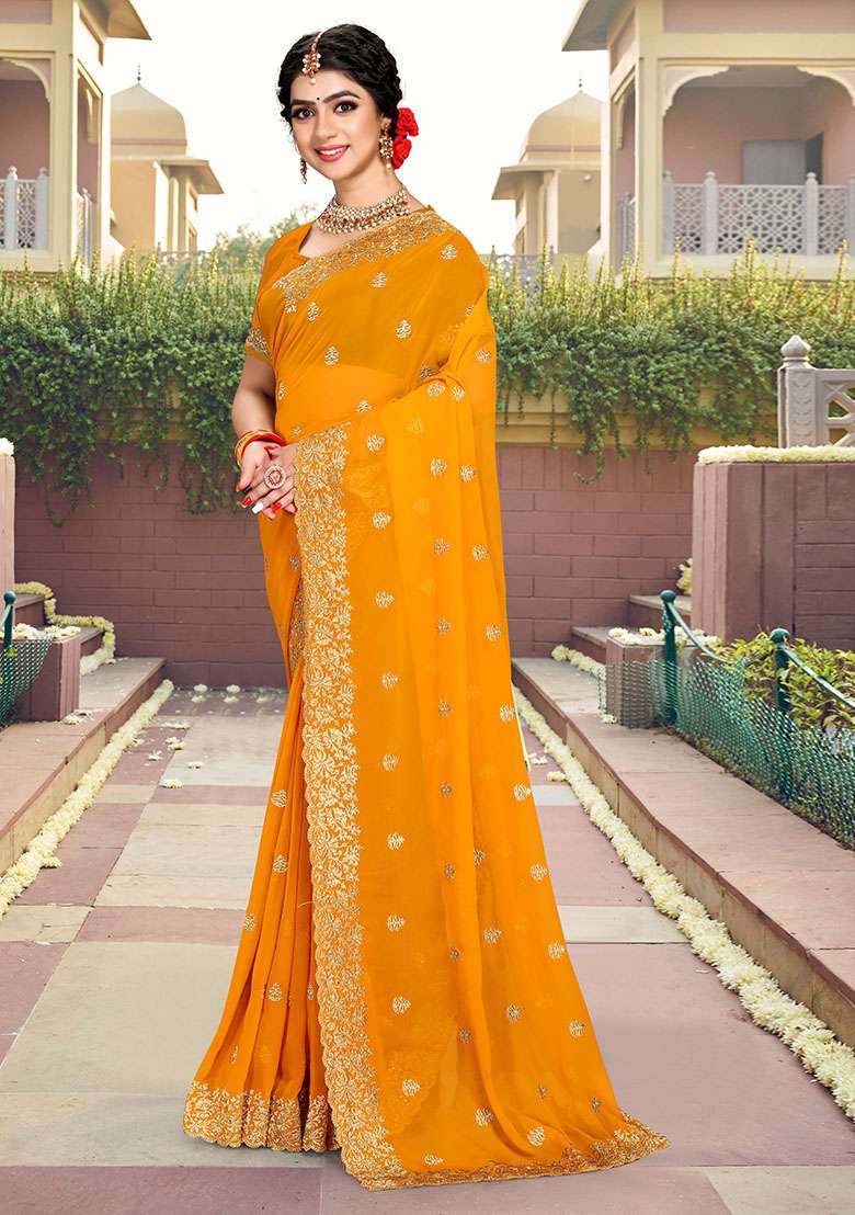 Mustrad Georgette Saree Set with Embroidery for Diwali | Wedding & Festive Wear - Indya