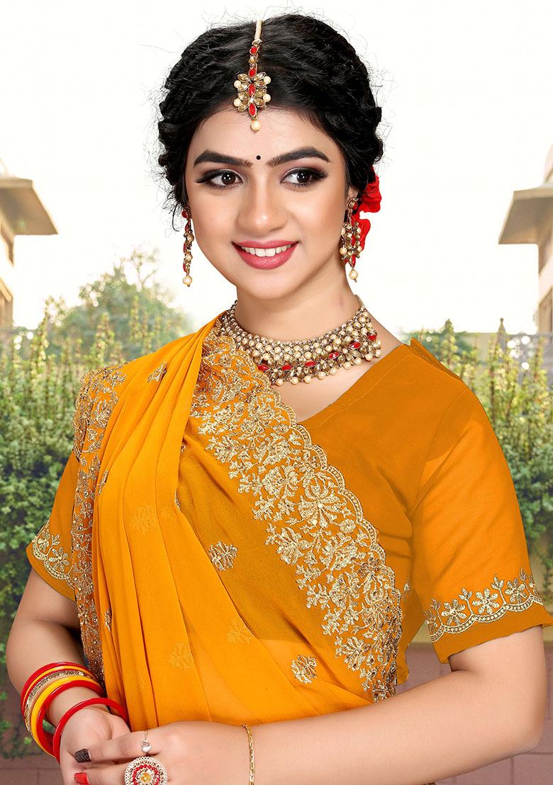 Mustrad Embroidery Georgette Saree Set - Indya