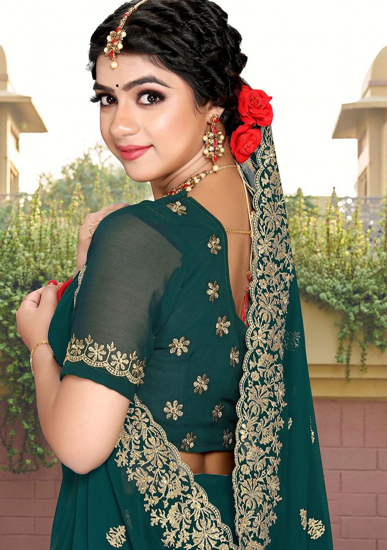 Morpeach Embroidery Georgette Saree Set - Indya