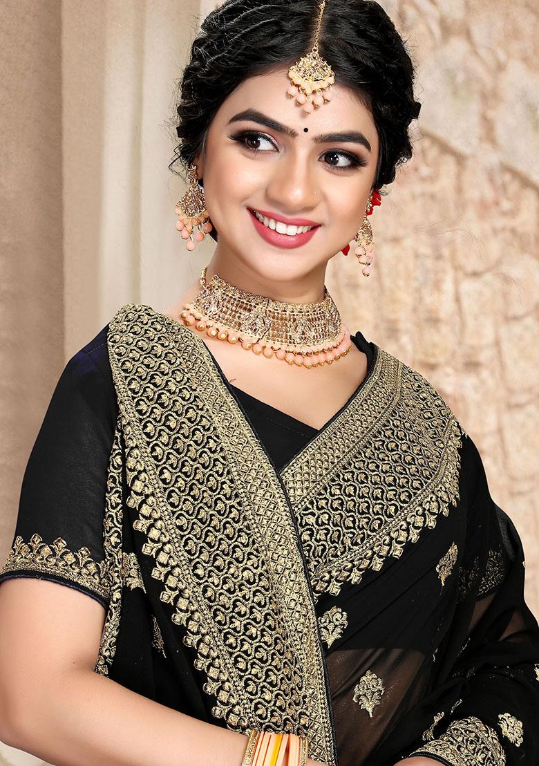 Black Embroidery Georgette Saree Set - Indya
