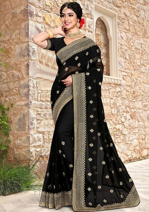 Black Embroidery Georgette Saree Set