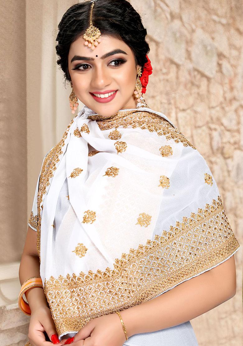 White Embroidery Georgette Saree Set - Indya
