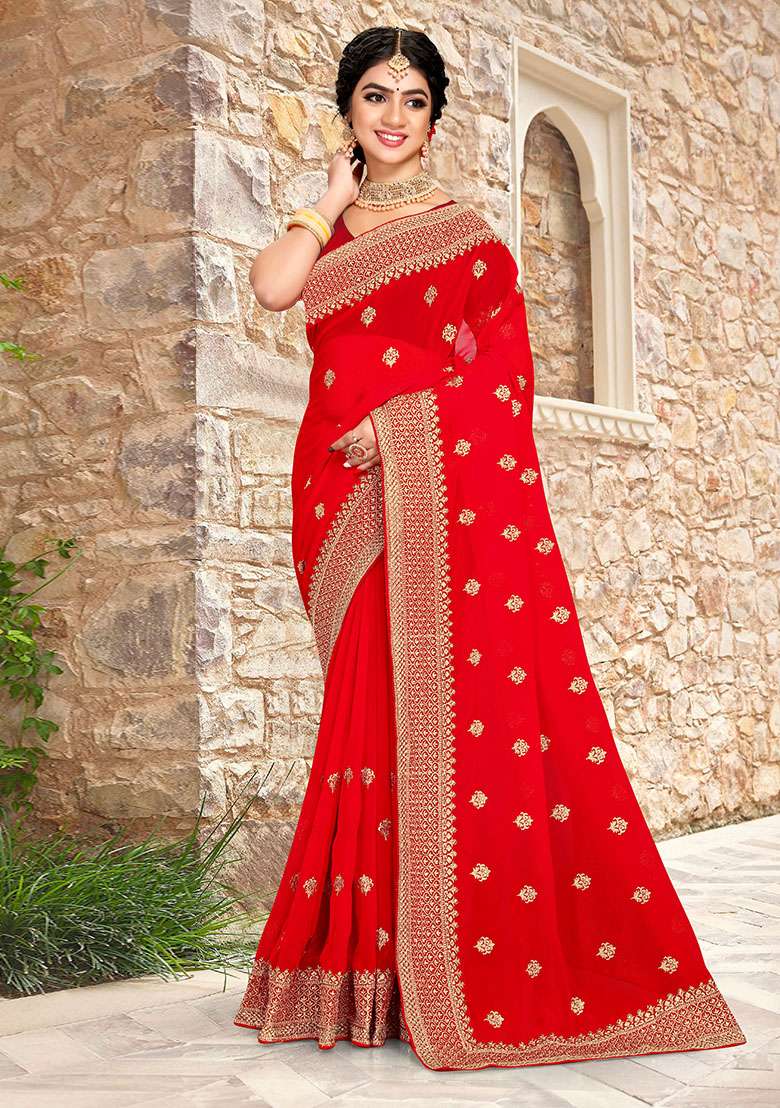 Red Georgette Saree Set with Embroidery for Diwali | Wedding & Festive Wear - Indya