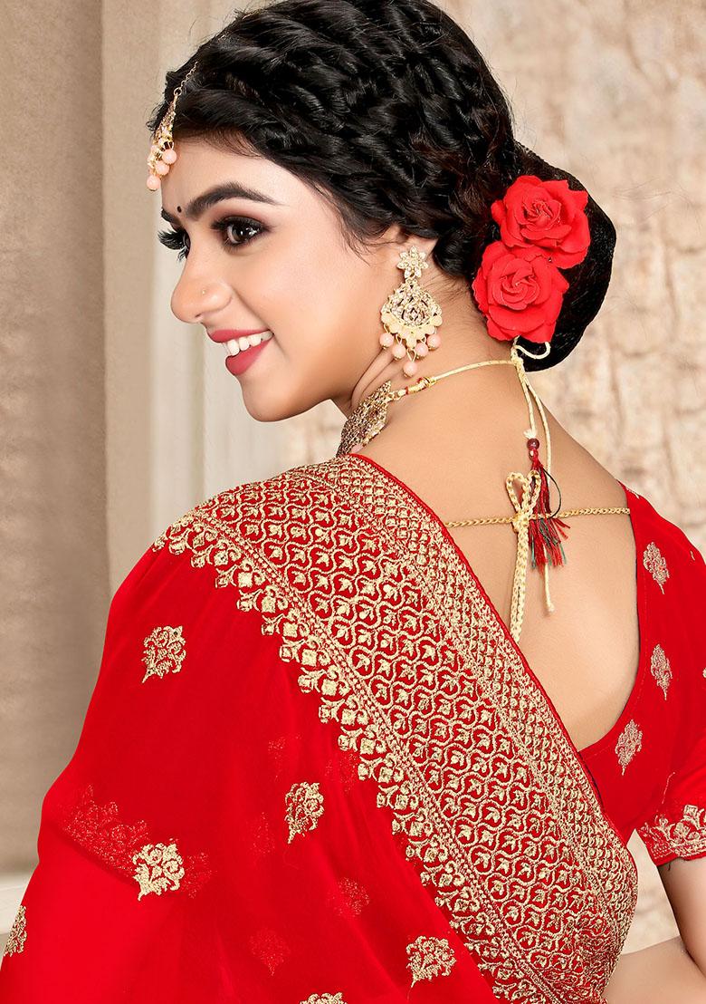 Red Embroidery Georgette Saree Set - Indya