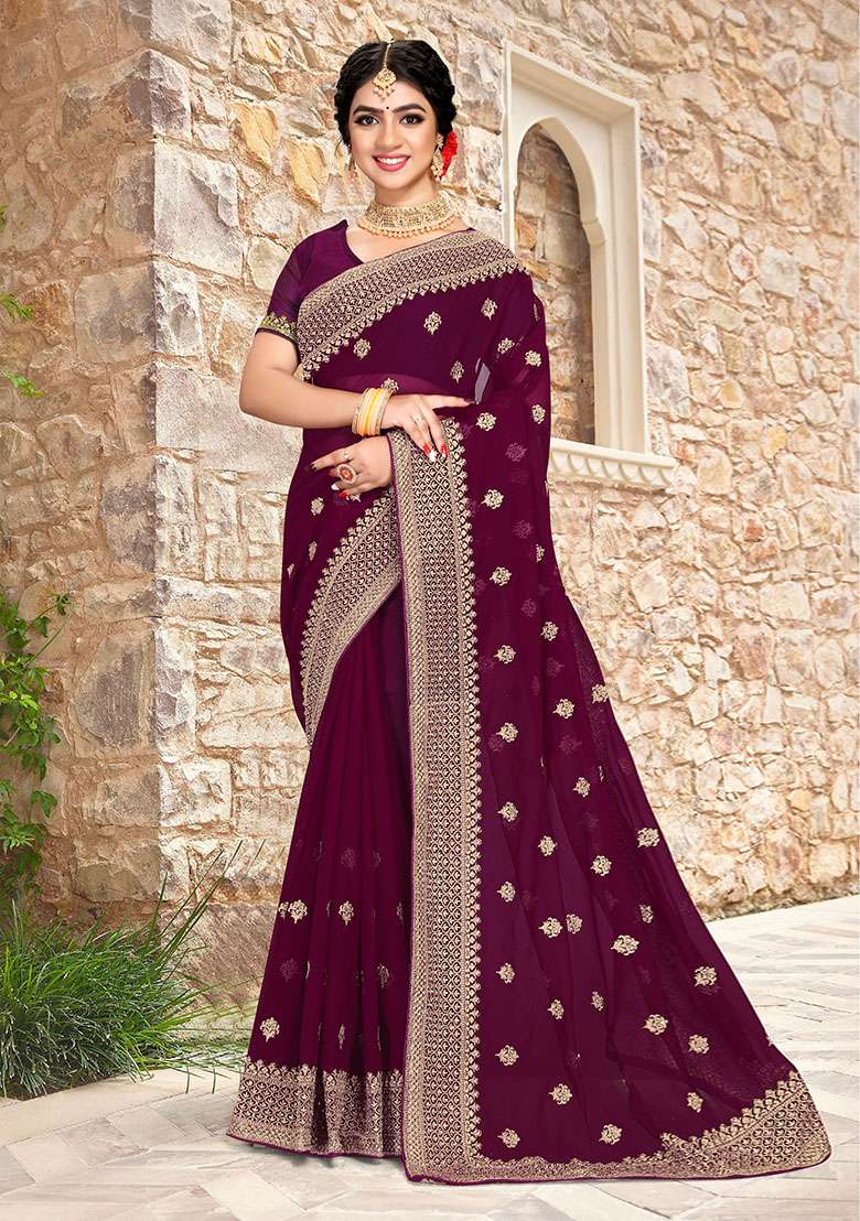 Wine Georgette Saree Set with Embroidery for Diwali | Wedding & Festive Wear - Indya