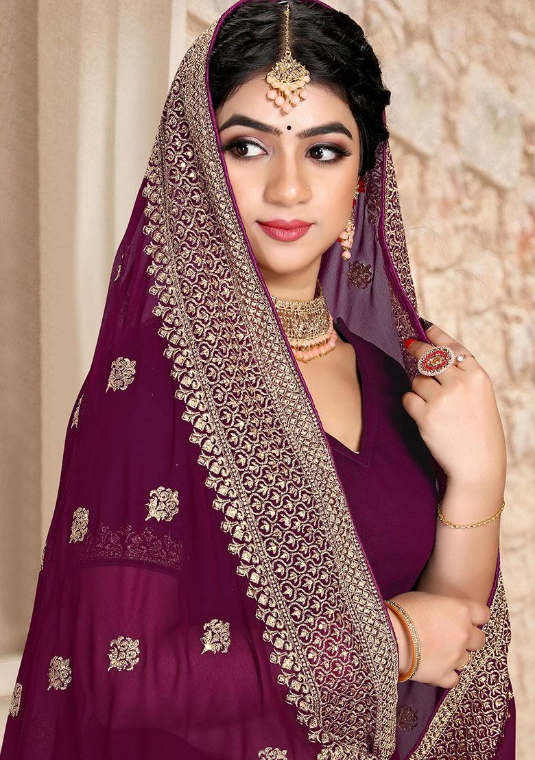 Wine Embroidery Georgette Saree Set - Indya