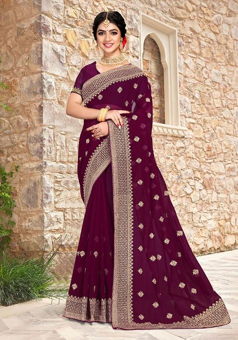 Wine Embroidery Georgette Saree Set
