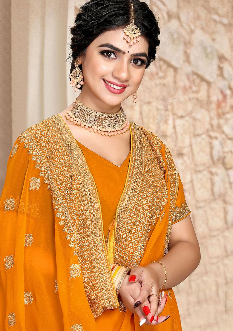 Mustrad Embroidery Georgette Saree Set - Indya