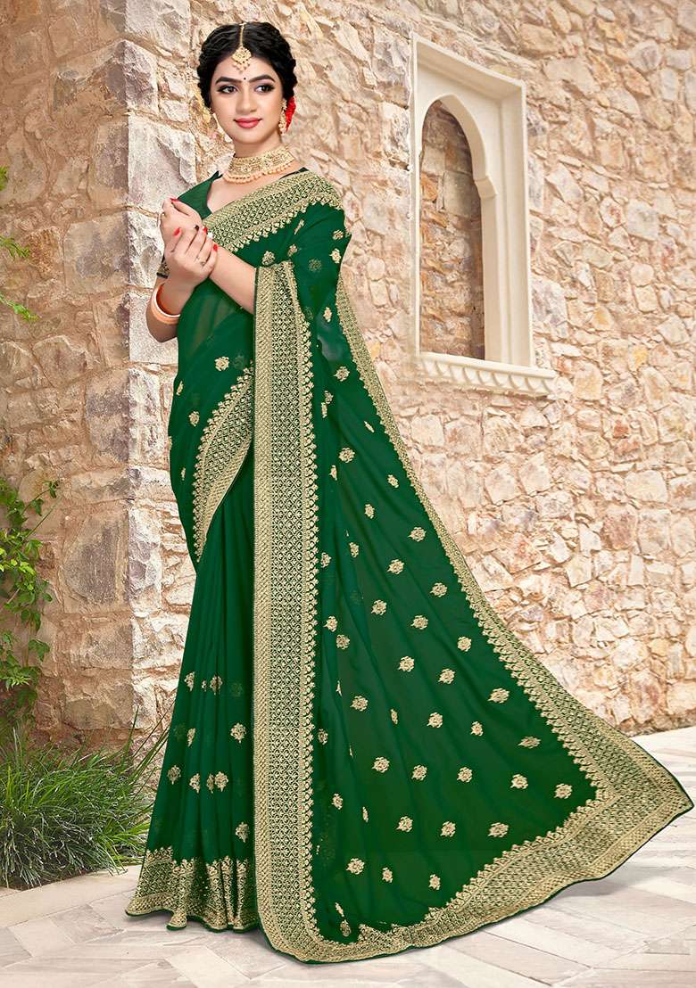 Botel Green Georgette Saree Set with Embroidery for Diwali | Wedding & Festive Wear - Indya