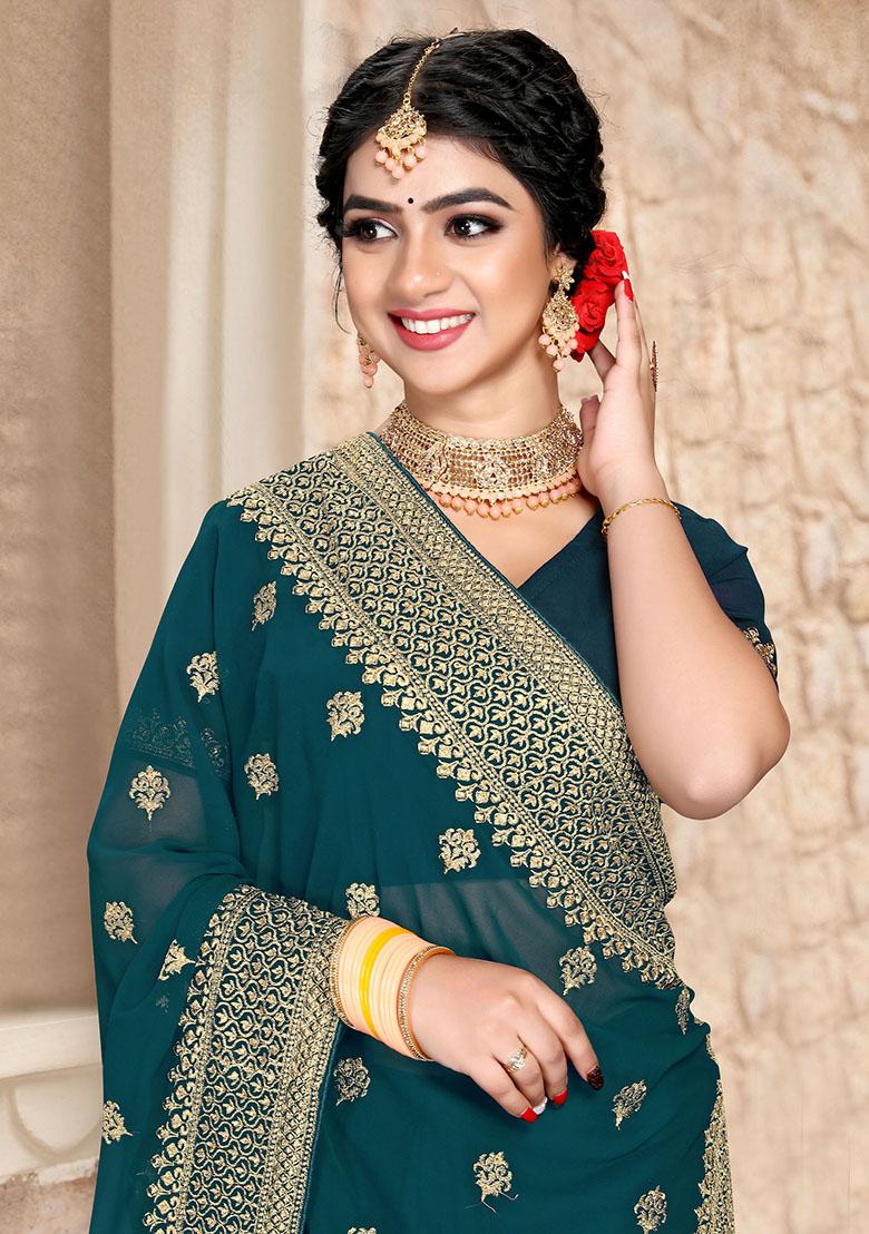 Morpeach Embroidery Georgette Saree Set - Indya