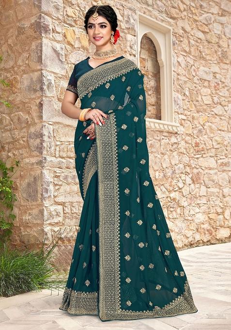 Morpeach Embroidery Georgette Saree Set
