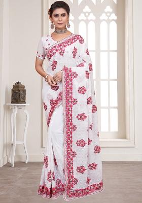 White Embroidery Georgette Saree Set