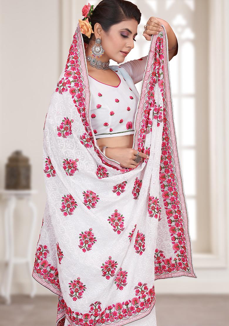 White Embroidery Georgette Saree Set - Indya