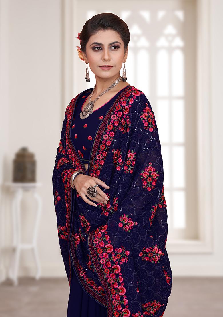 Nevi Embroidery Georgette Saree Set - Indya