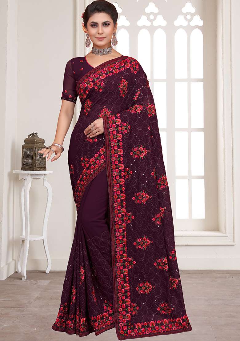 Wine Embroidery Georgette Saree Set for Diwali and Festive Wear - Indya