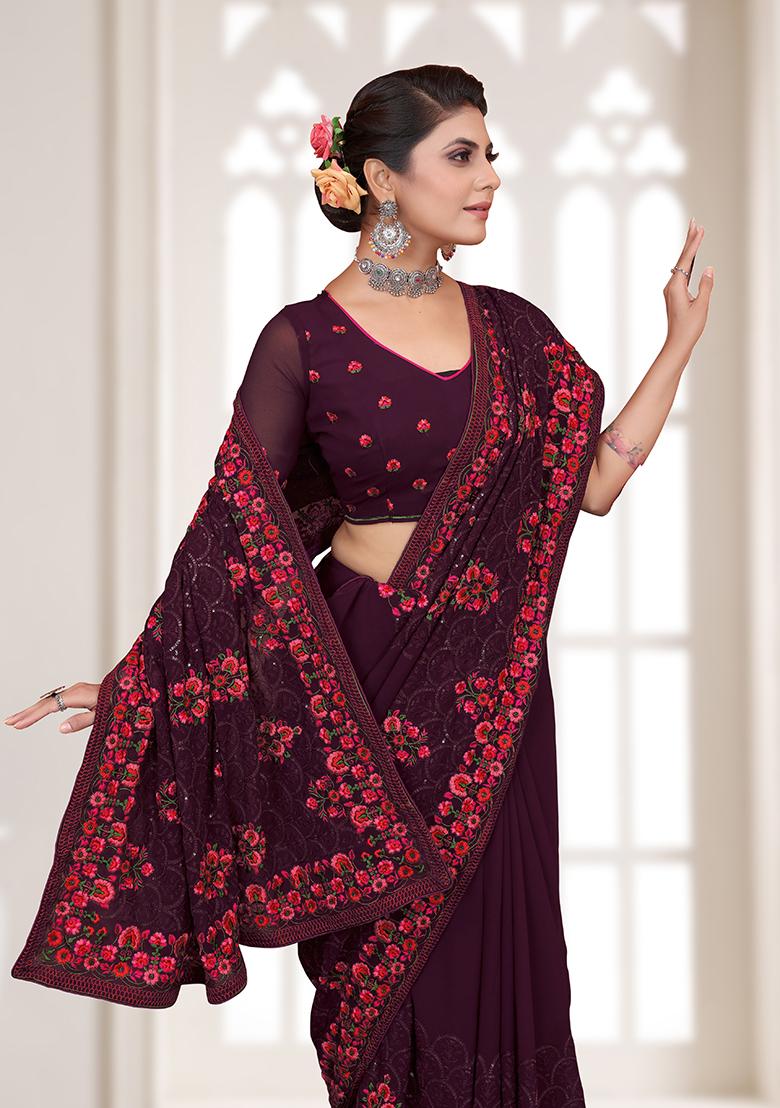 Wine Embroidery Georgette Saree Set - Indya