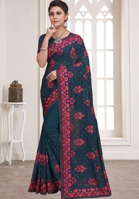 Morpeach Embroidery Georgette Saree Set
