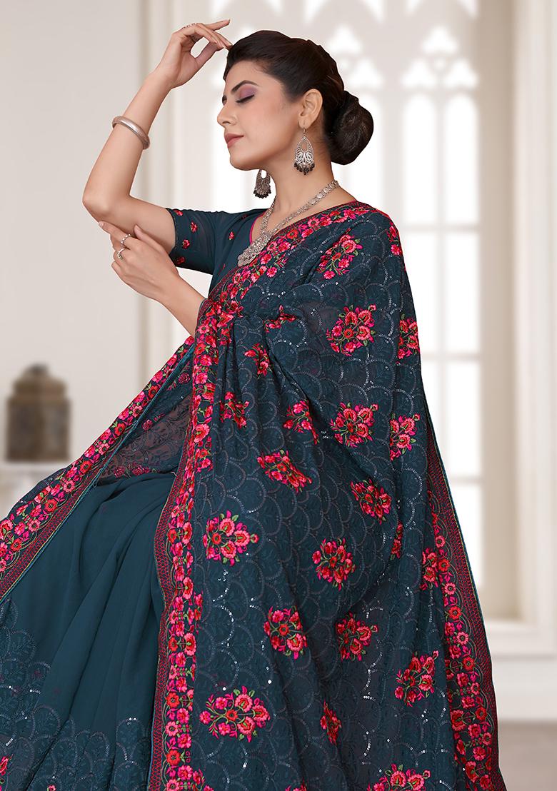 Morpeach Embroidery Georgette Saree Set - Indya