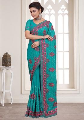 Firozi Embroidery Georgette Saree Set