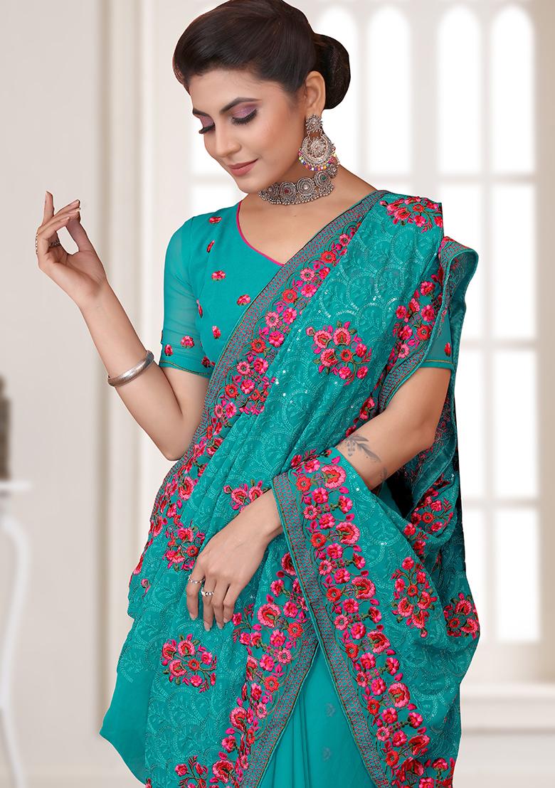 Firozi Embroidery Georgette Saree Set - Indya