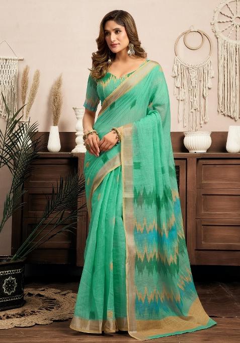 Teal Ikkat Linen Saree Set
