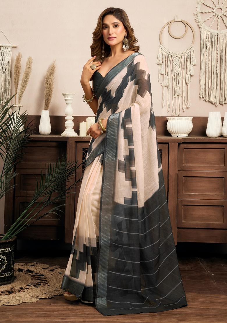 White   Grey Ethnic Motifs Linen Saree Set - Indya